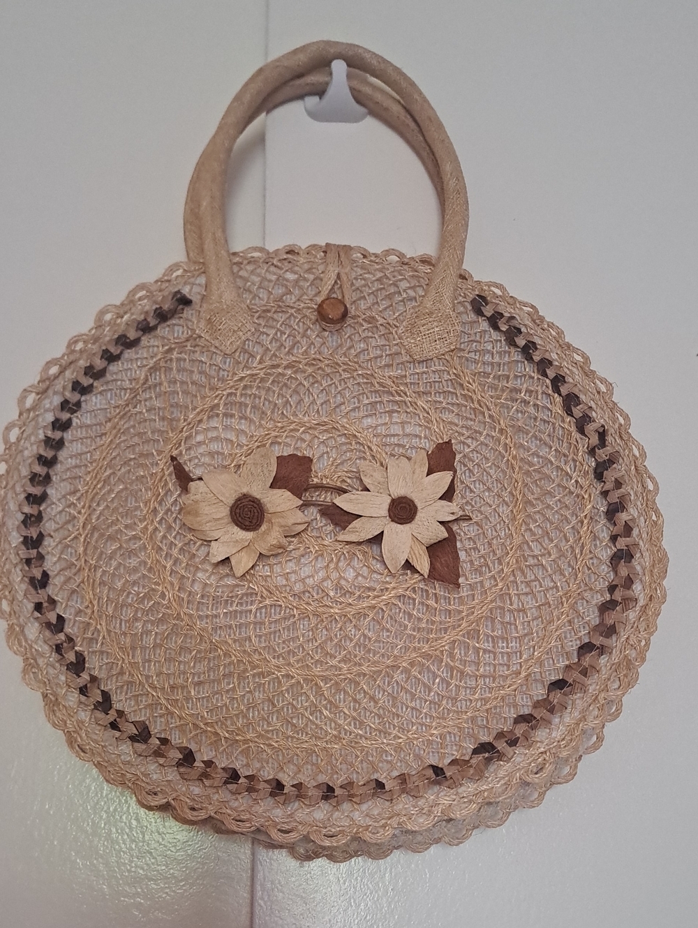 Hand made Round Straw Tote Bag with Floral Detail - Natural Beige